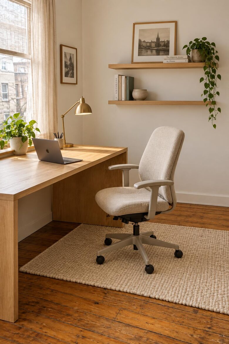 Un bureau fatigué, puis remis au clair : bureau en chêne, lampe en laiton, étagères, fauteuil en tissu beige, tapis en laine.