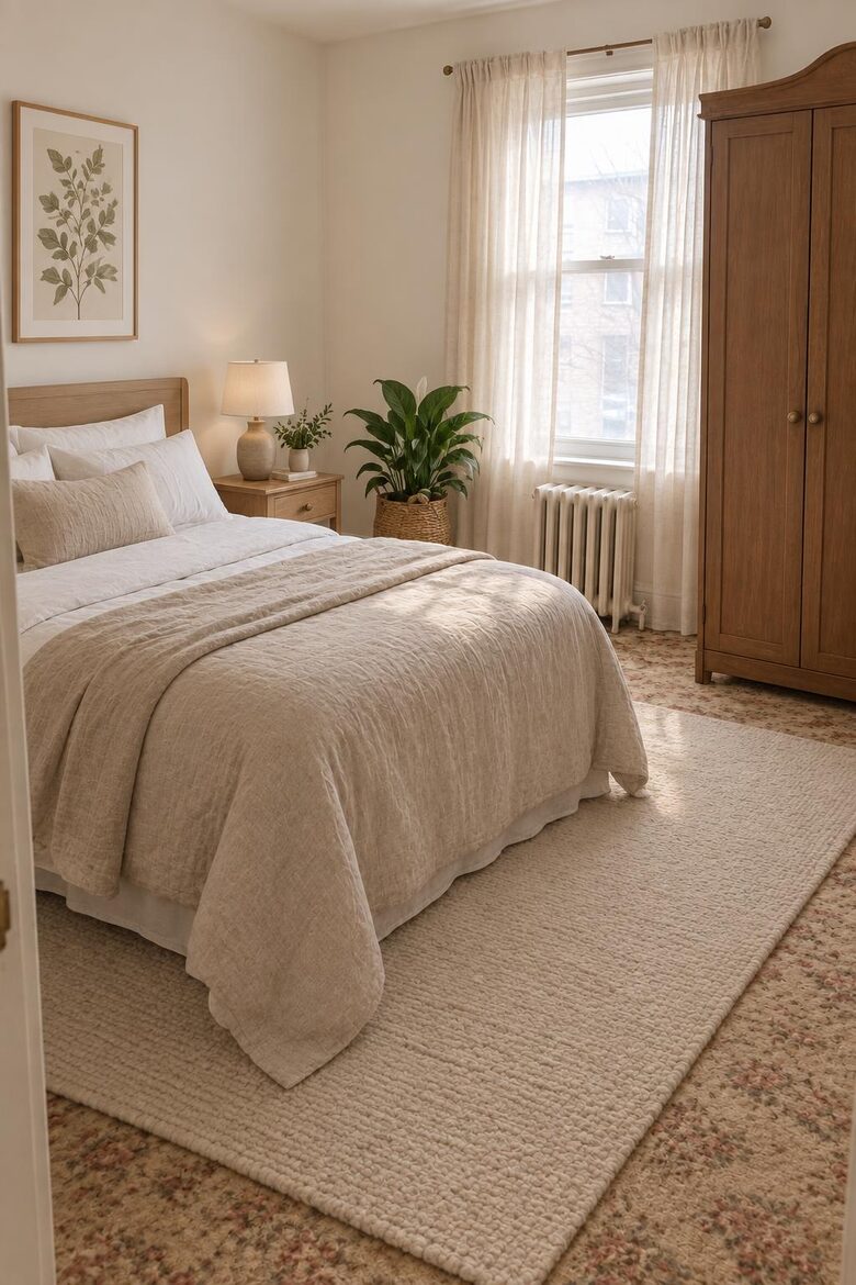 Une chambre en désordre, puis apaisée : lit fait en lin, tête de lit en chêne, tables de chevet et lampes en céramique, tapis en laine, cadre botanique, plante.