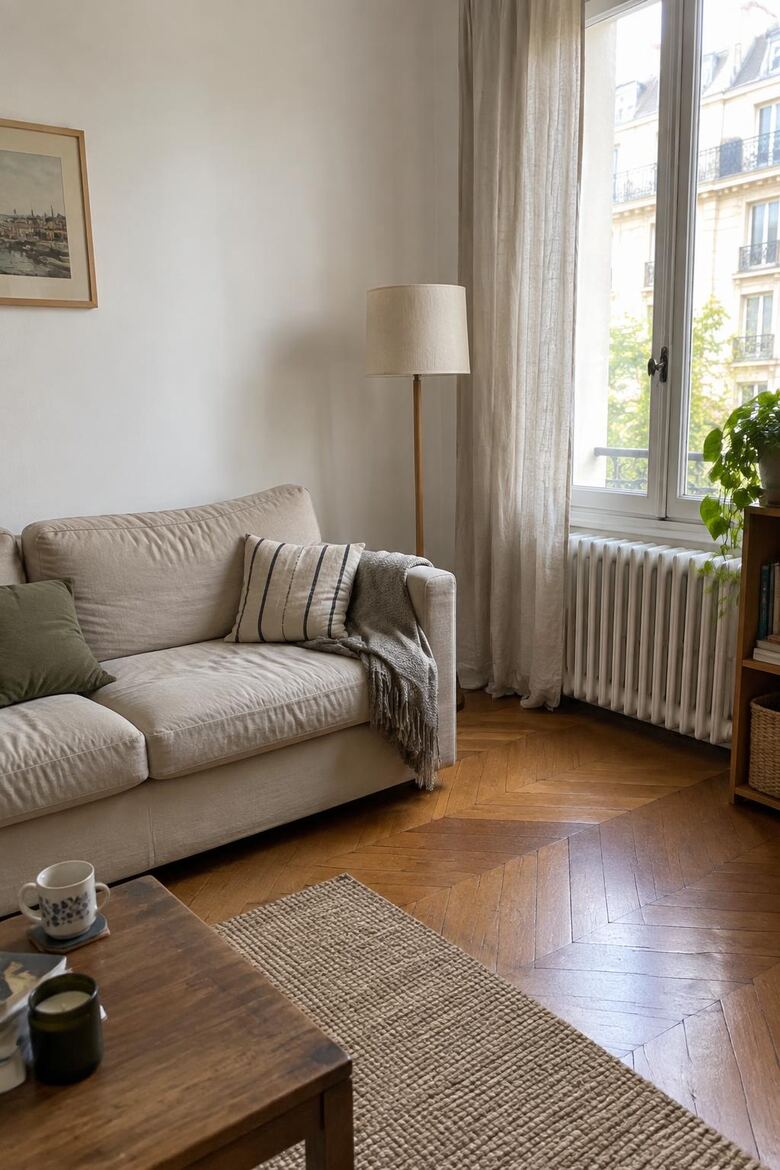 Exemple de photo : un coin de salon pris debout, en plein jour, avec le canapé, la fenêtre et le radiateur.