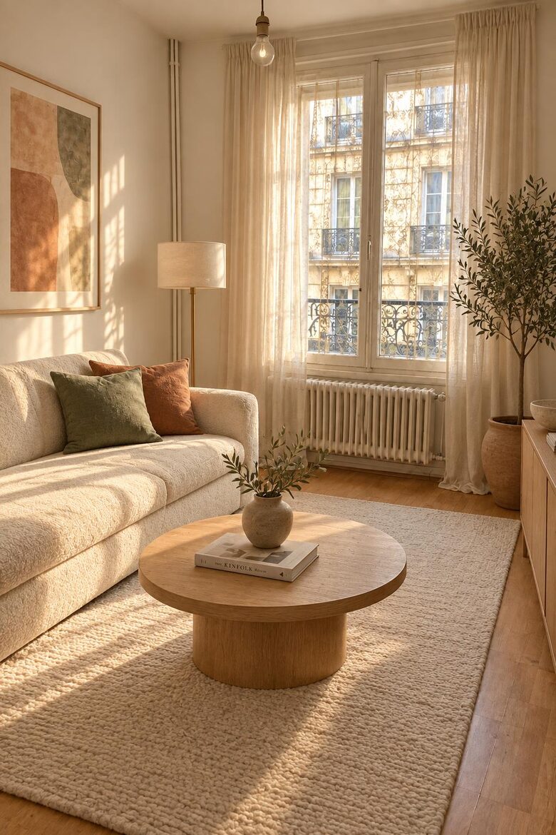 Un salon d'un autre temps, encombré, puis rangé et relooké : canapé en bouclette crème, tapis en laine, table basse ronde en chêne, lampadaire en laiton, tableau, olivier.